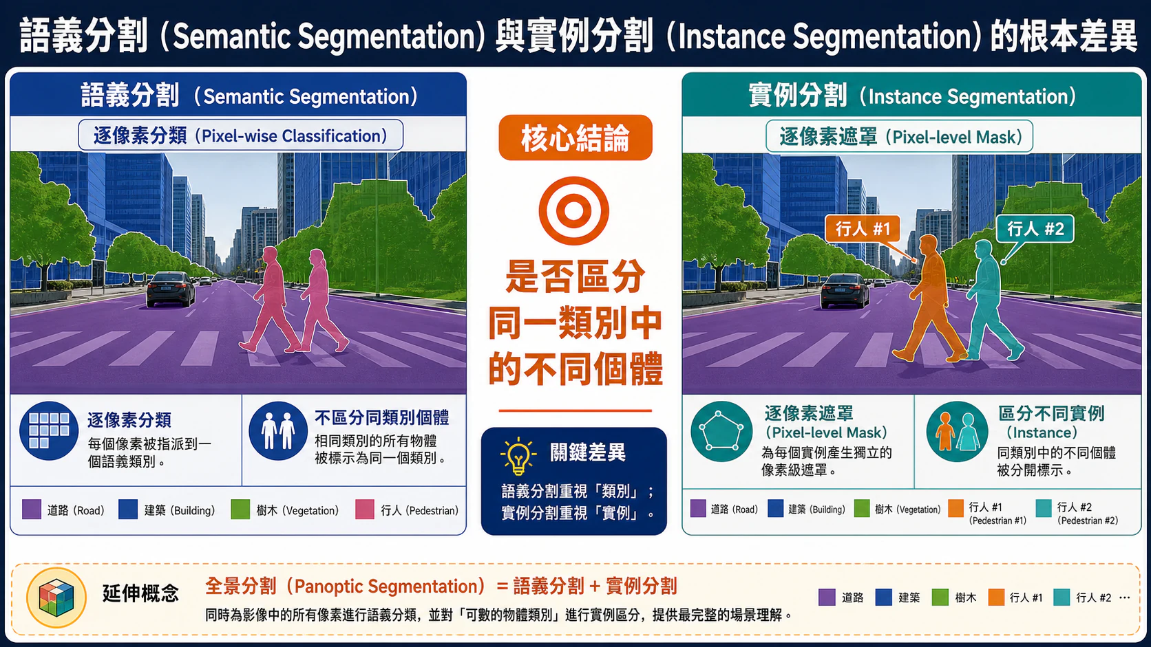 語意分割 vs 實例分割概念對比圖