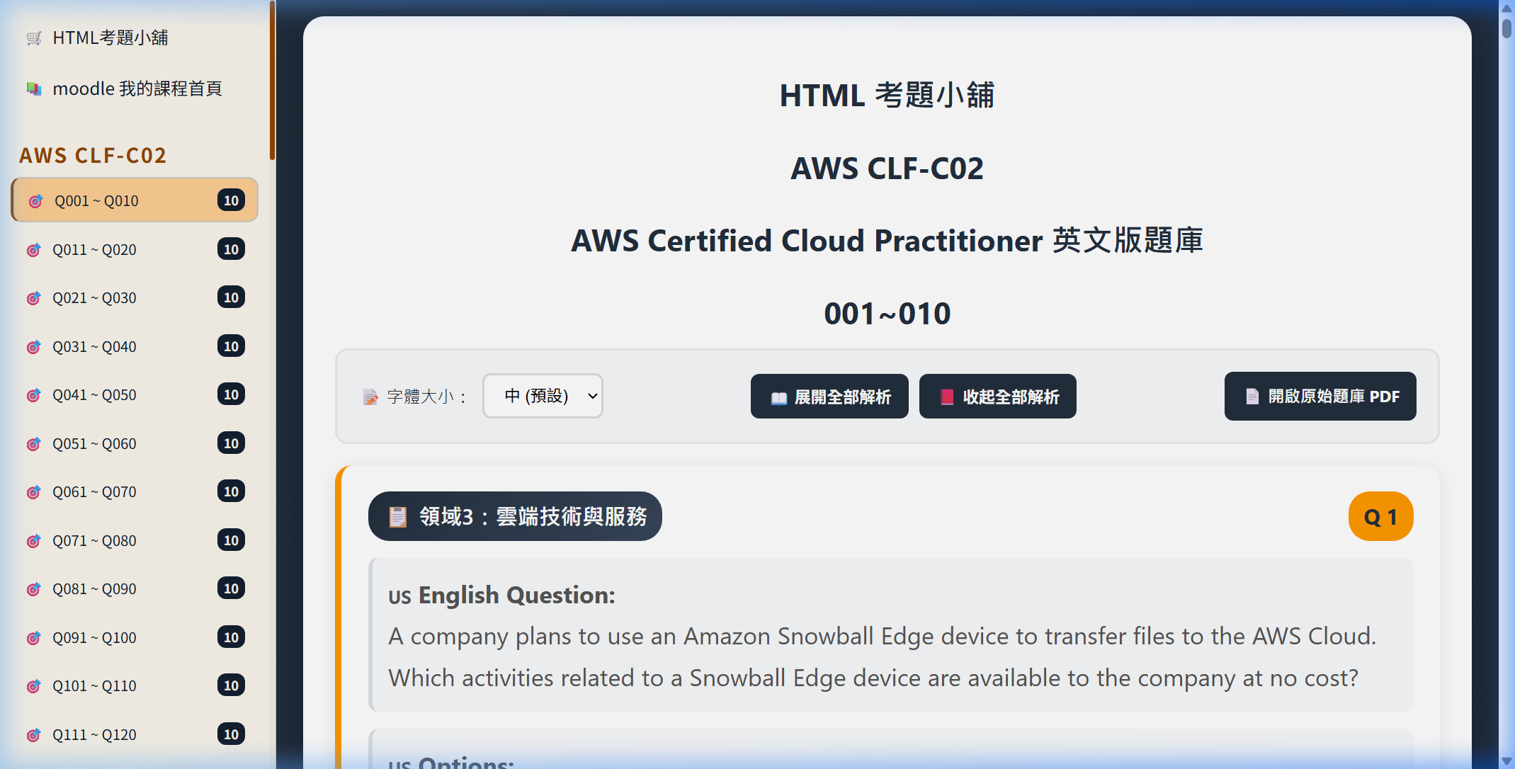 AWS CLF-C02 題庫導覽總覽畫面