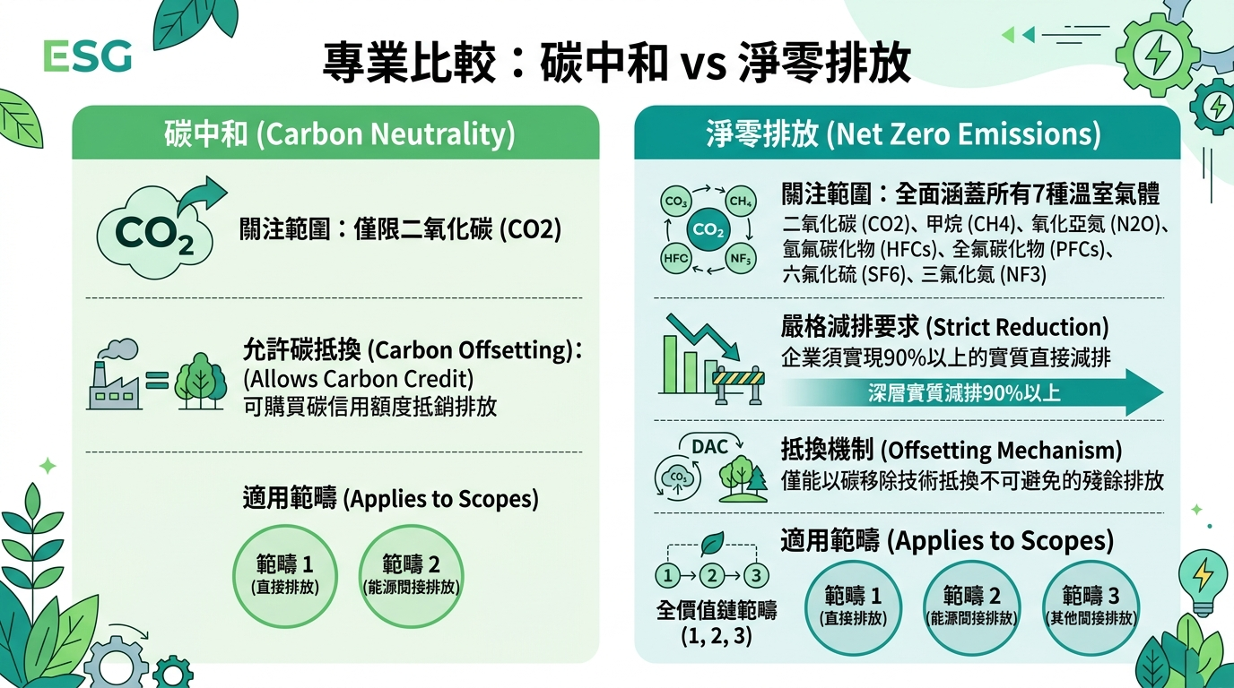 碳中和 vs 淨零排放 核心比較圖解