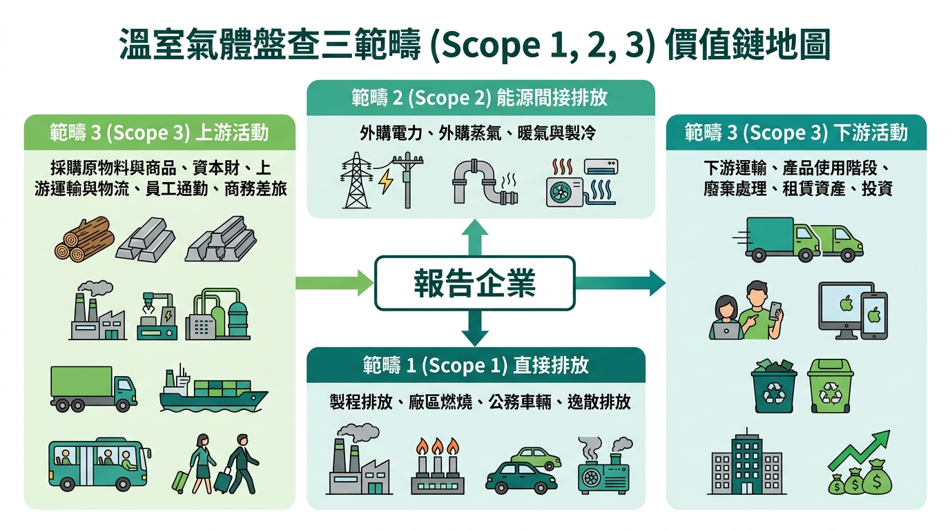 溫室氣體 Scope 1, 2, 3 範疇圖解