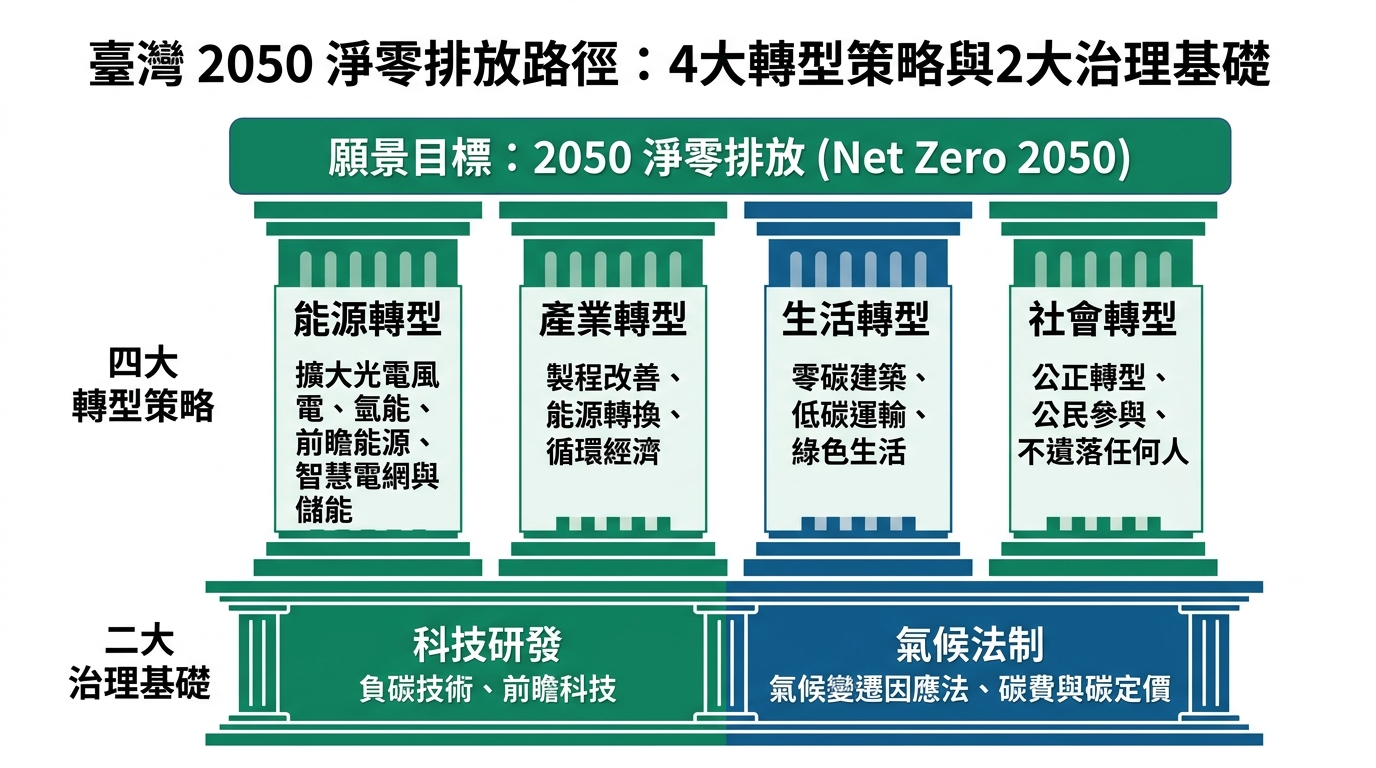 臺灣 2050 淨零排放四大策略與兩大基礎架構圖解